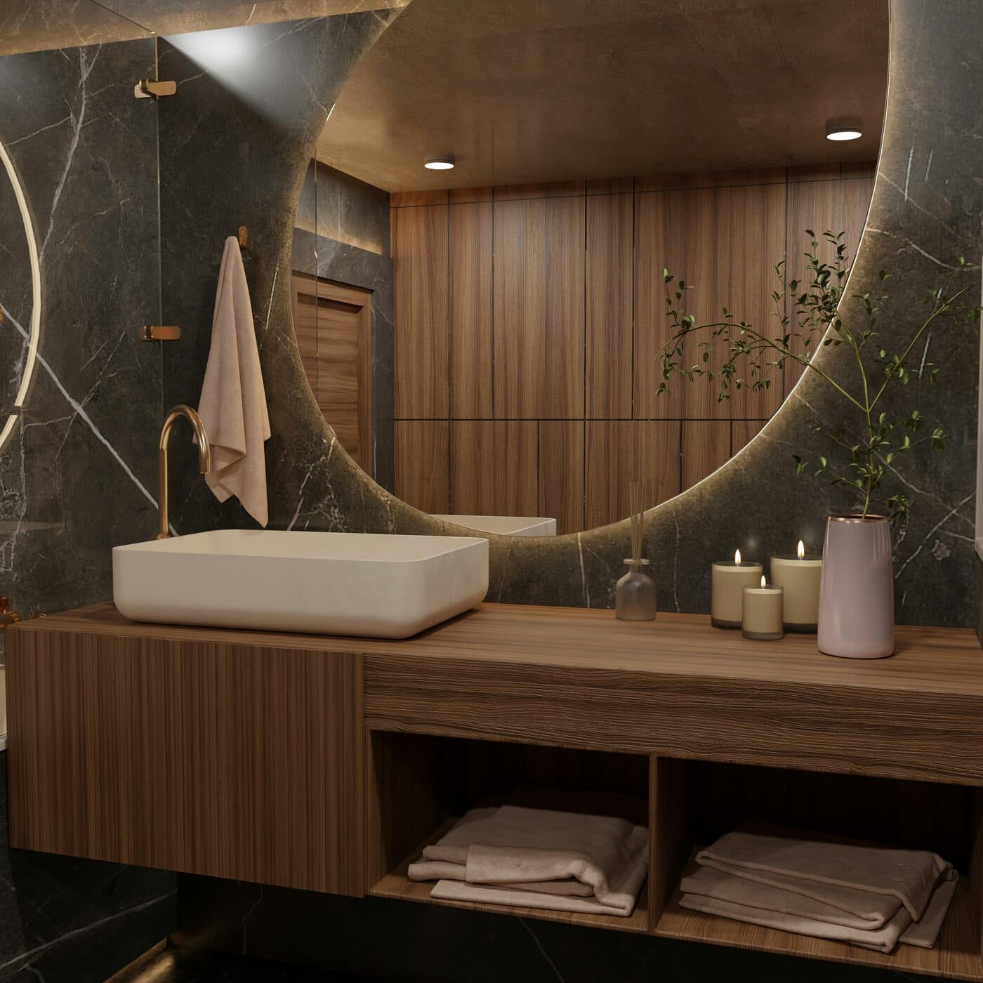 Boutiquehotelbadkamer met houtlook wandpanelen en marmerlook wand.
